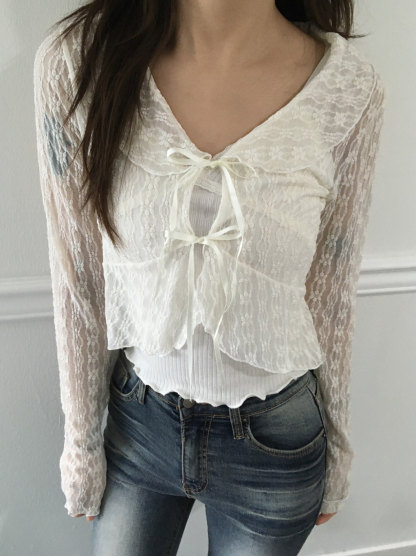 [Preorder 1st Drop Price] C2201 Ribbon Sheer Lace Cardigan