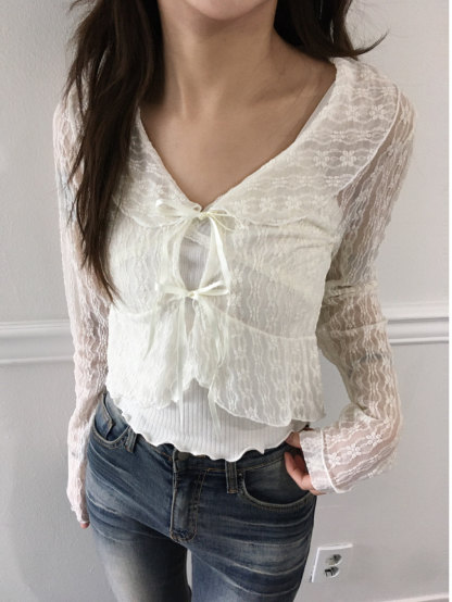 [Preorder 1st Drop Price] C2201 Ribbon Sheer Lace Cardigan