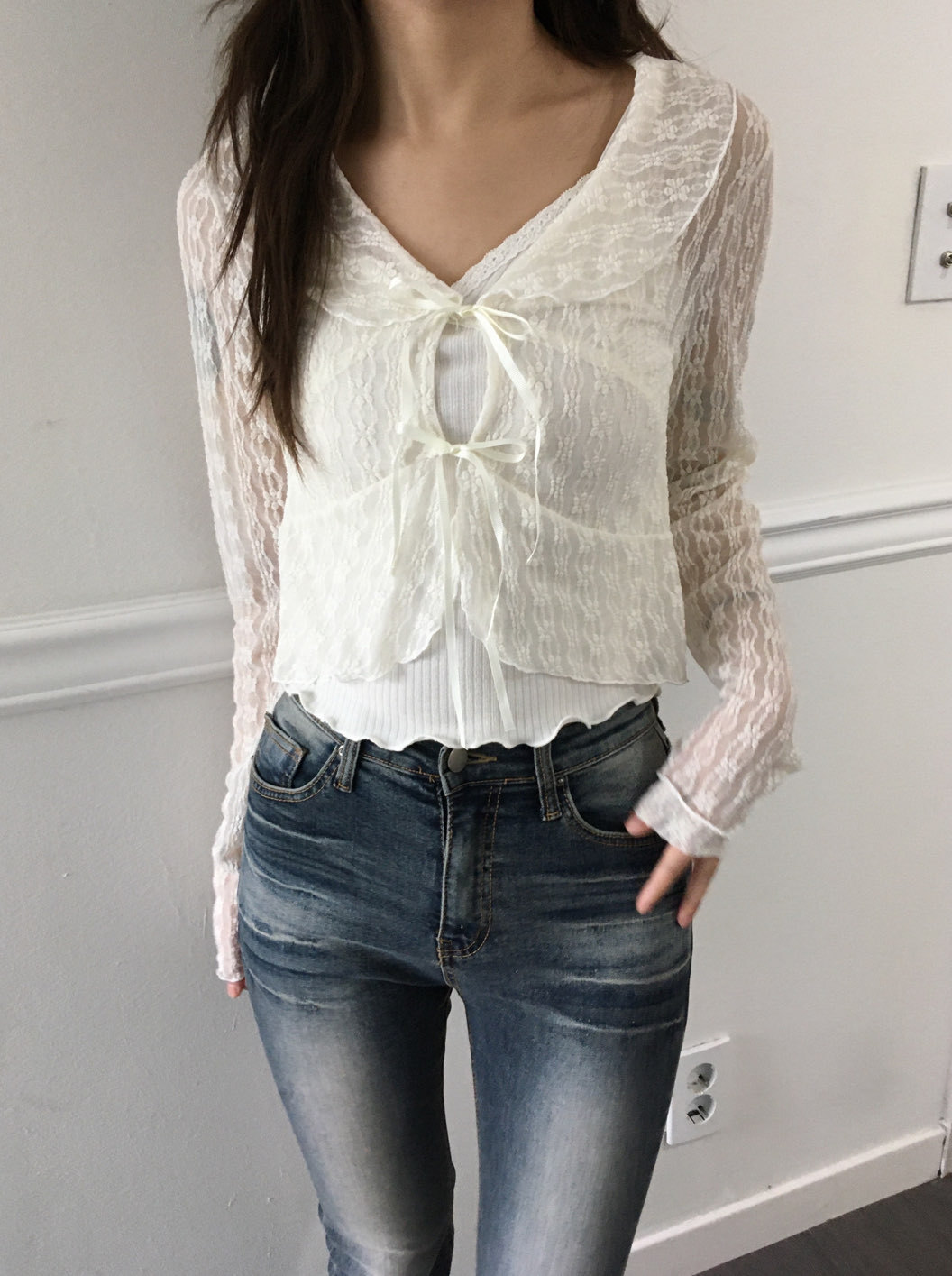 [Preorder 1st Drop Price] C2201 Ribbon Sheer Lace Cardigan