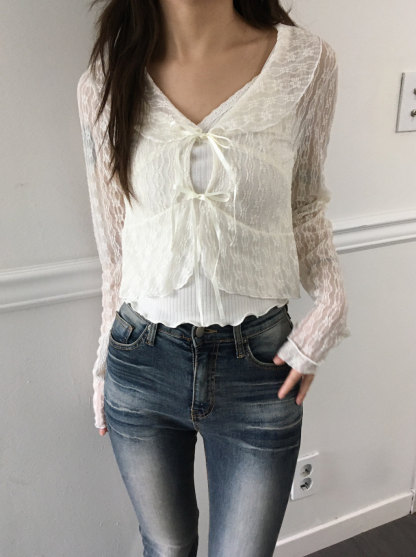 [Preorder 1st Drop Price] C2201 Ribbon Sheer Lace Cardigan