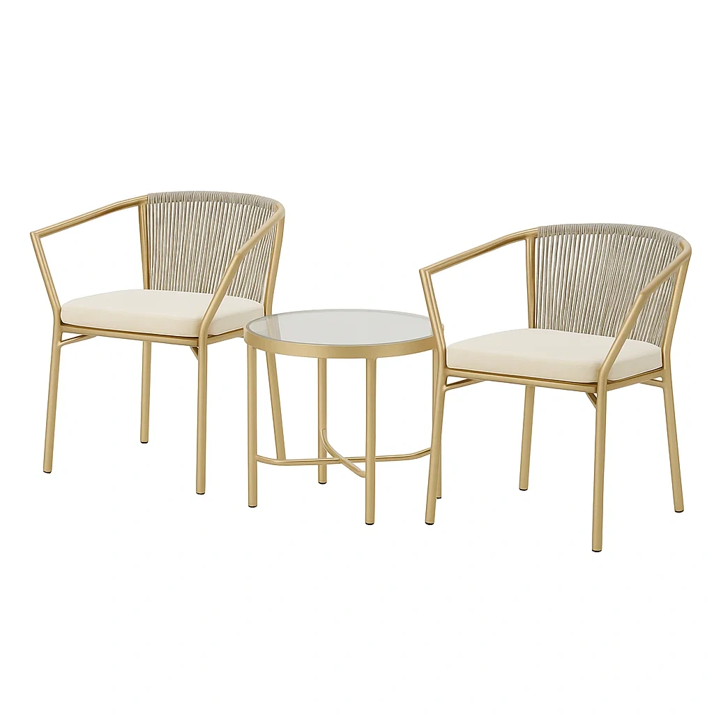 Petit salon de jardin en métal avec table ronde et fauteuils beige