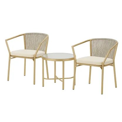 Petit salon de jardin en métal avec table ronde et fauteuils beige