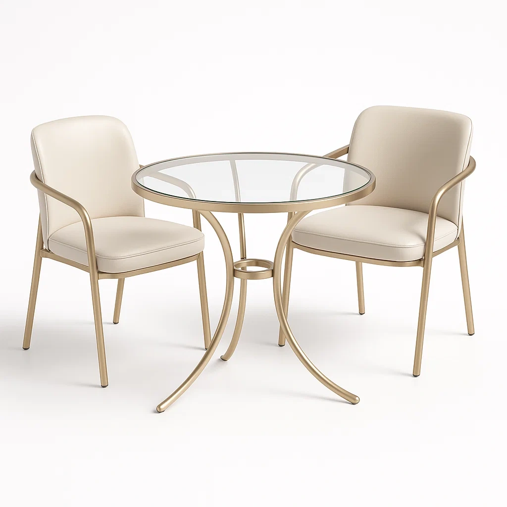 Petit salon d’intérieur avec table en verre trempé et chaises en métal doré