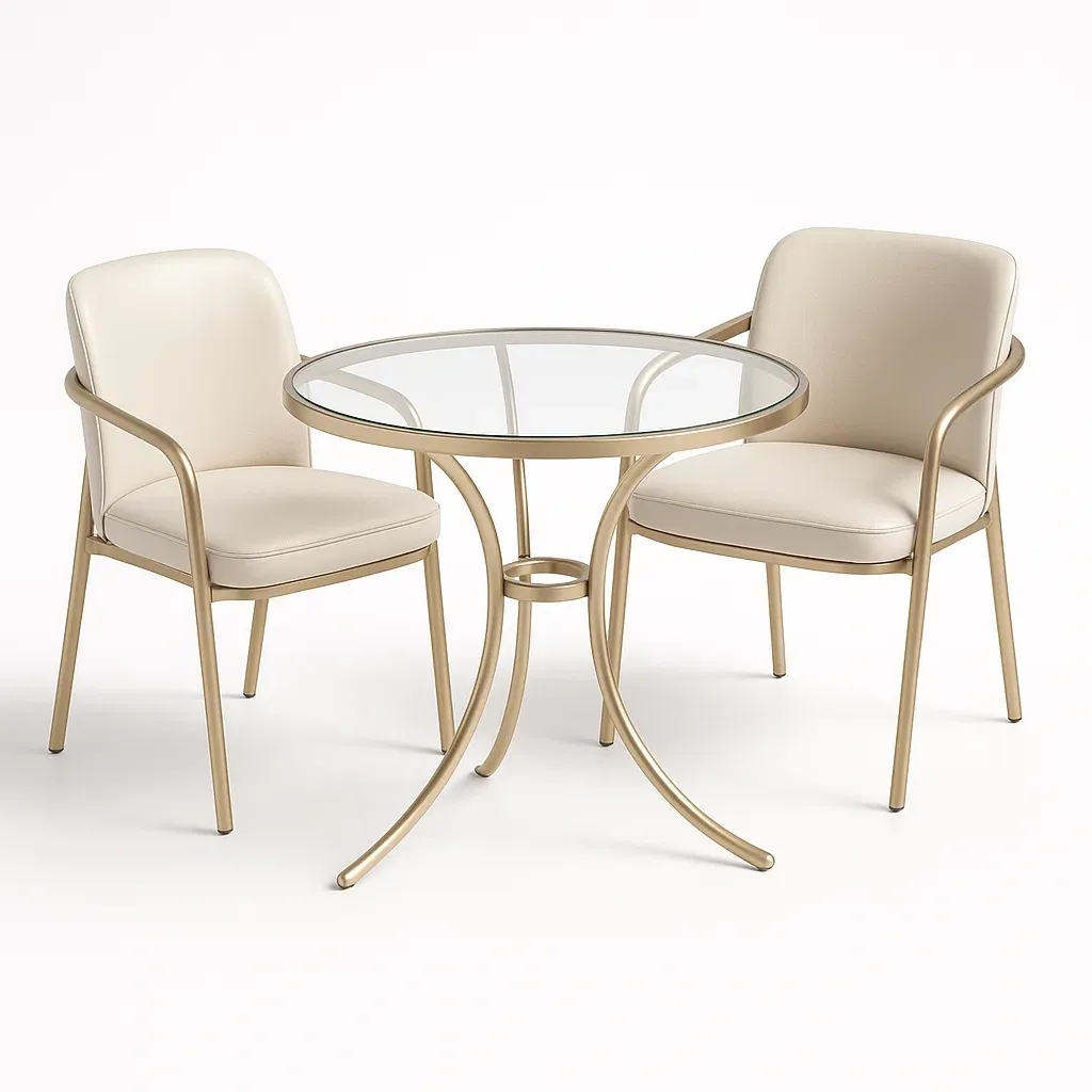 Petit salon d’intérieur avec table en verre trempé et chaises en métal doré