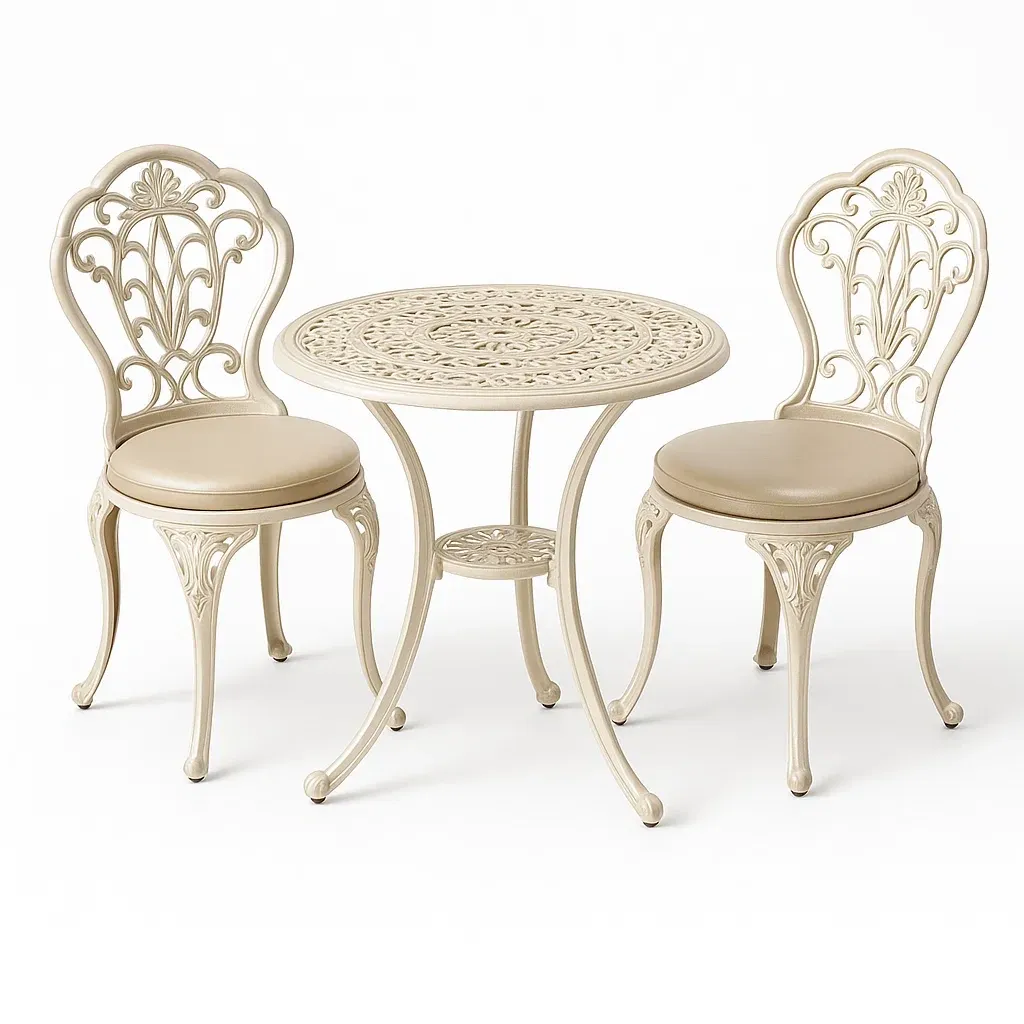 Petit salon de jardin en aluminium avec table ronde et 2 chaises en mousse beige