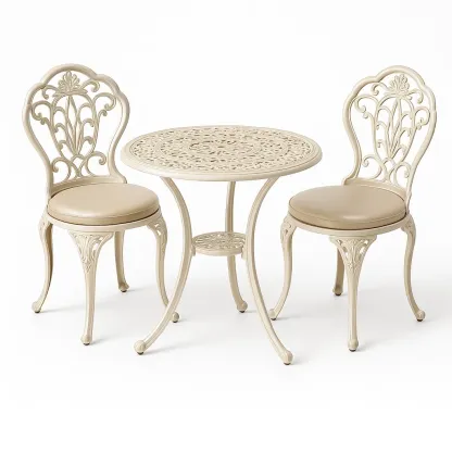 Petit salon de jardin en aluminium avec table ronde et 2 chaises en mousse beige