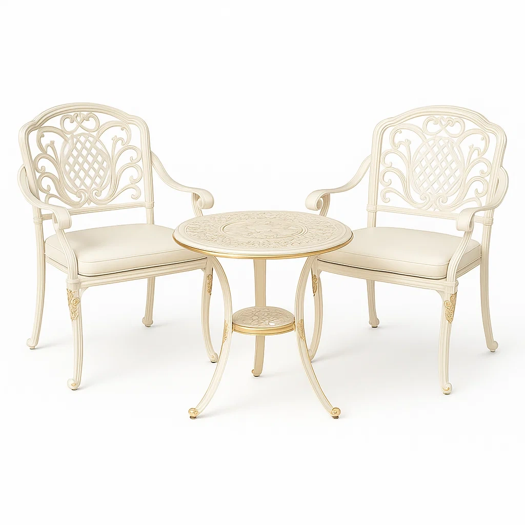 Petit salon de jardin en aluminium avec table ronde et deux chaises blanc cassé