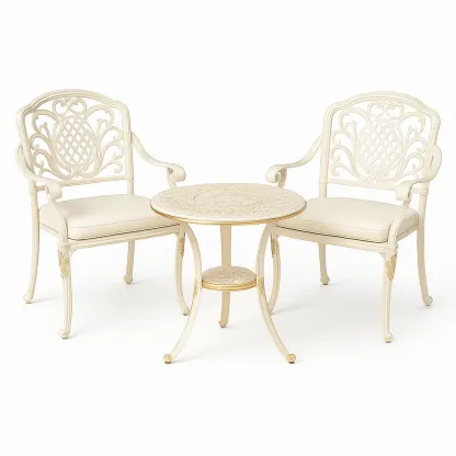 Petit salon de jardin en aluminium avec table ronde et deux chaises blanc cassé