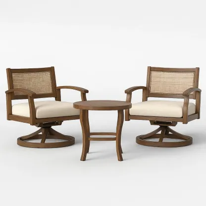 Petit salon de jardin en bois avec chaises pivotantes et table ronde