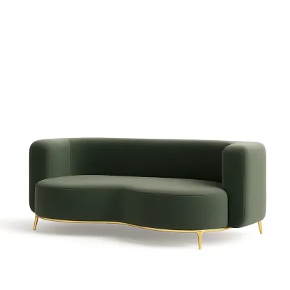 Canapé deux places en tissu vert avec bois et métal doré