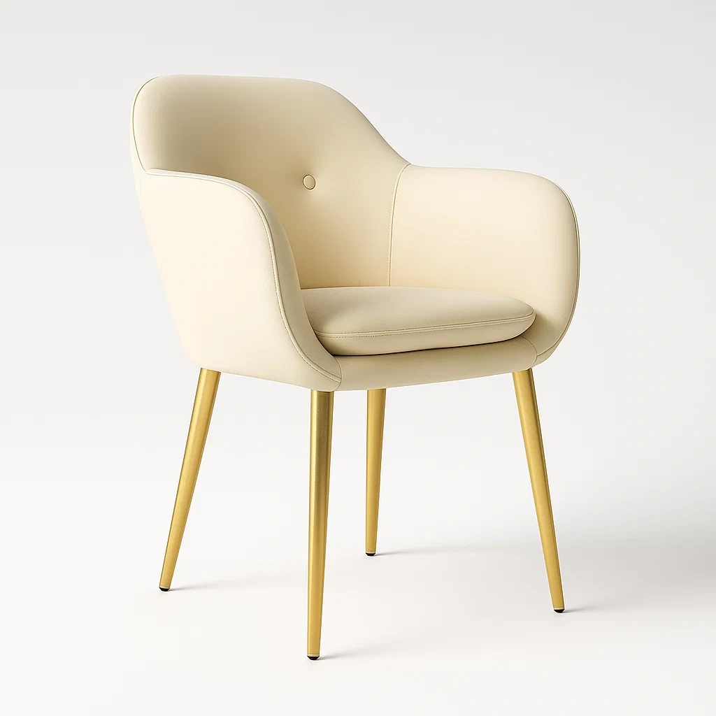 Fauteuil en cuir synthétique beige avec pieds en métal doré