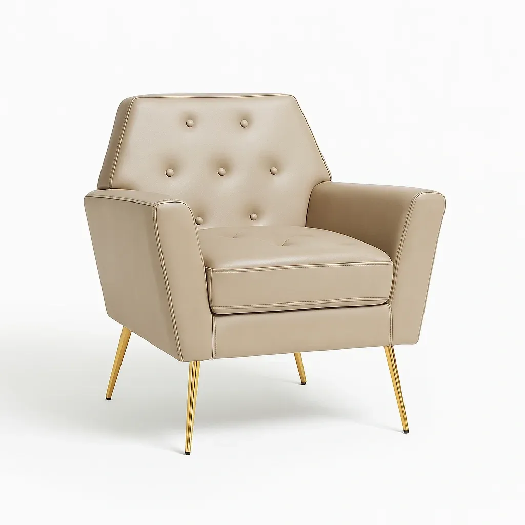 Fauteuil en cuir synthétique beige avec pieds métalliques dorés
