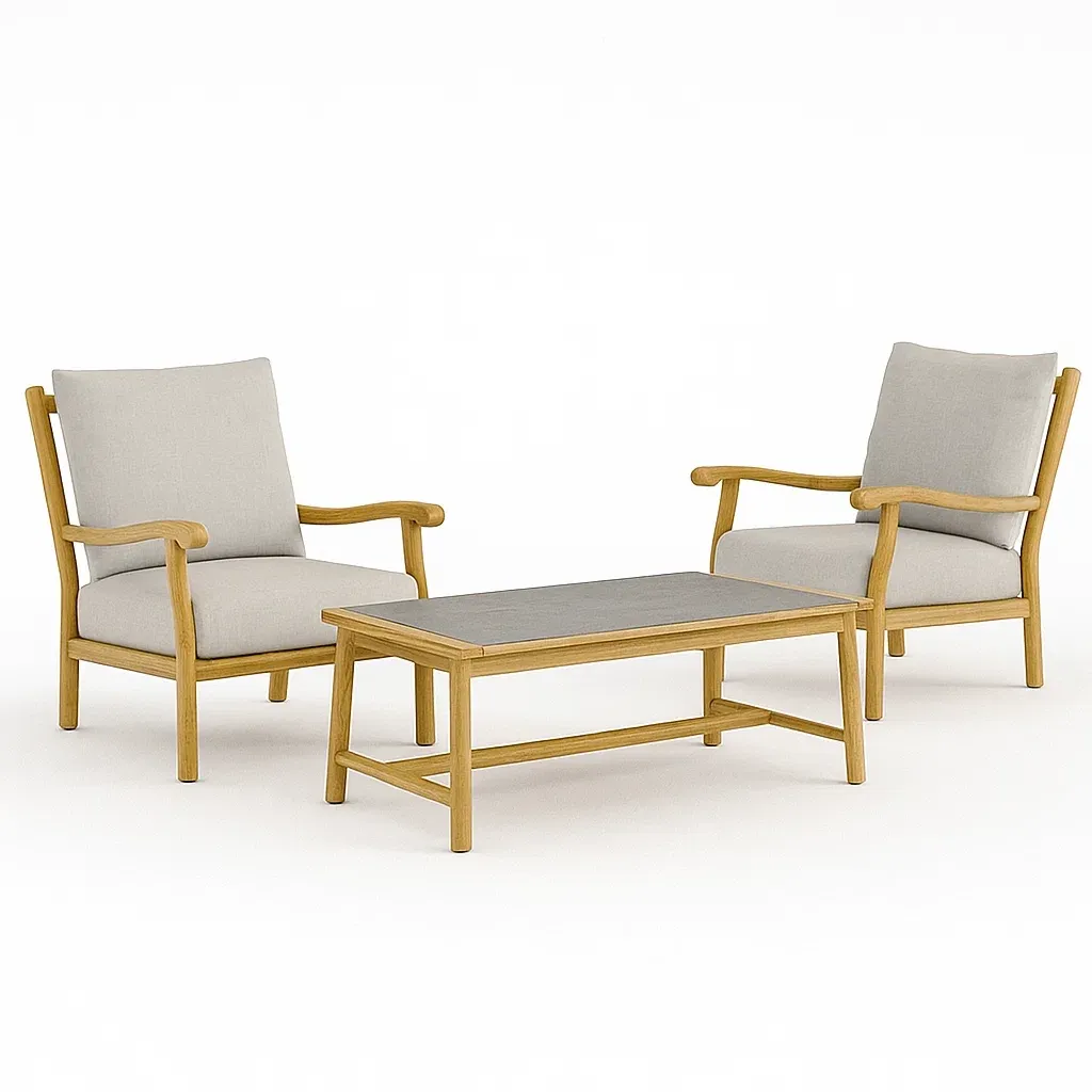 Salon de jardin en teck avec 2 fauteuils coussins gris et table rectangulaire