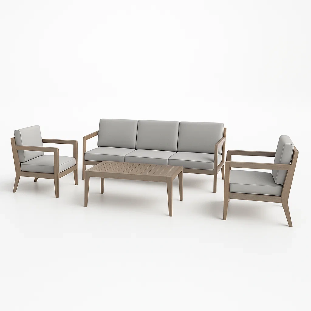 Salon de jardin en bois avec coussins en polyester gris