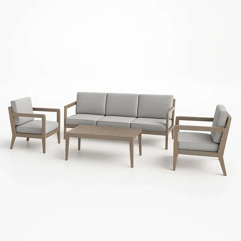 Salon de jardin en bois avec coussins en polyester gris