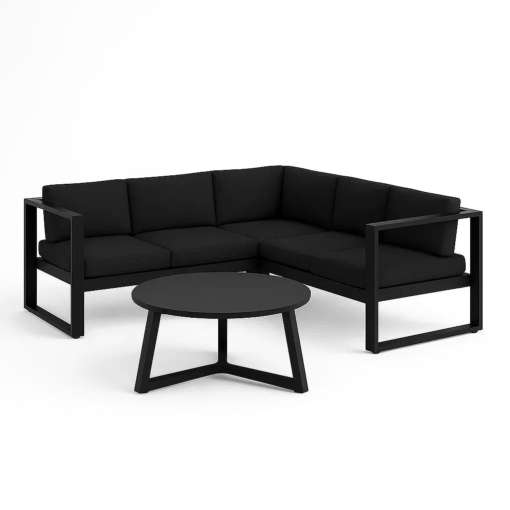 Salon de jardin en aluminium noir avec canapé d’angle coussins et table ronde