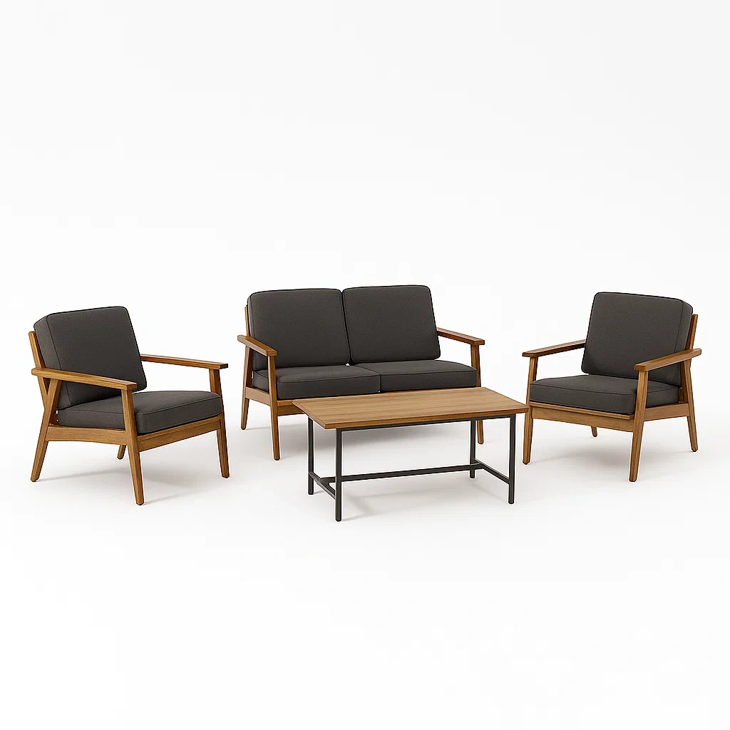 Salon de jardin en bois avec coussins en polyester gris foncé et table basse