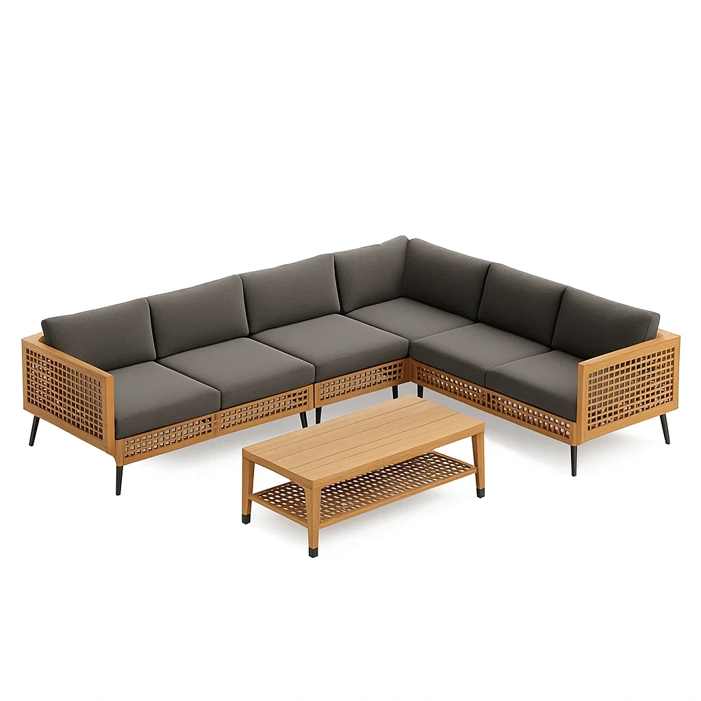 Salon de jardin en bois avec canapé d’angle table basse et coussins gris