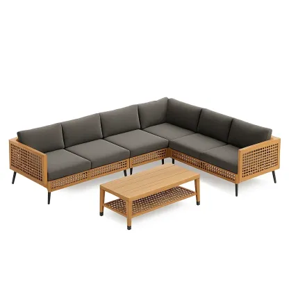 Salon de jardin en bois avec canapé d’angle table basse et coussins gris