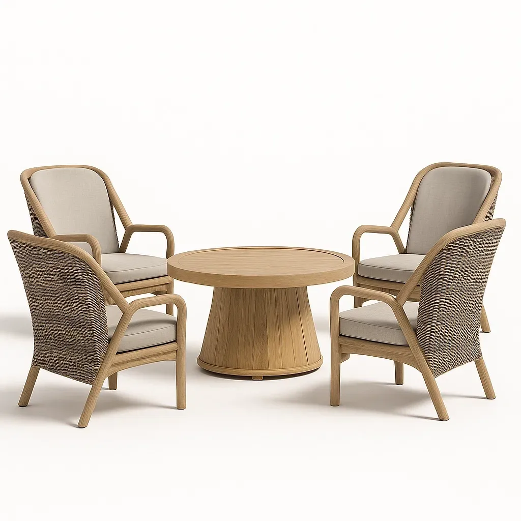 Salon de jardin en bois et résine tressée avec table ronde et chaises coussinées