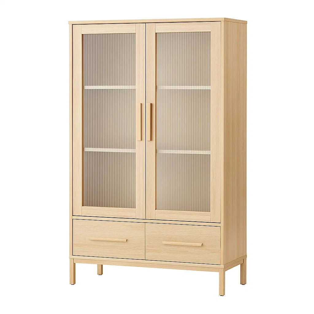 Vitrine d'exposition en bois et verre texturé avec étagères réglables