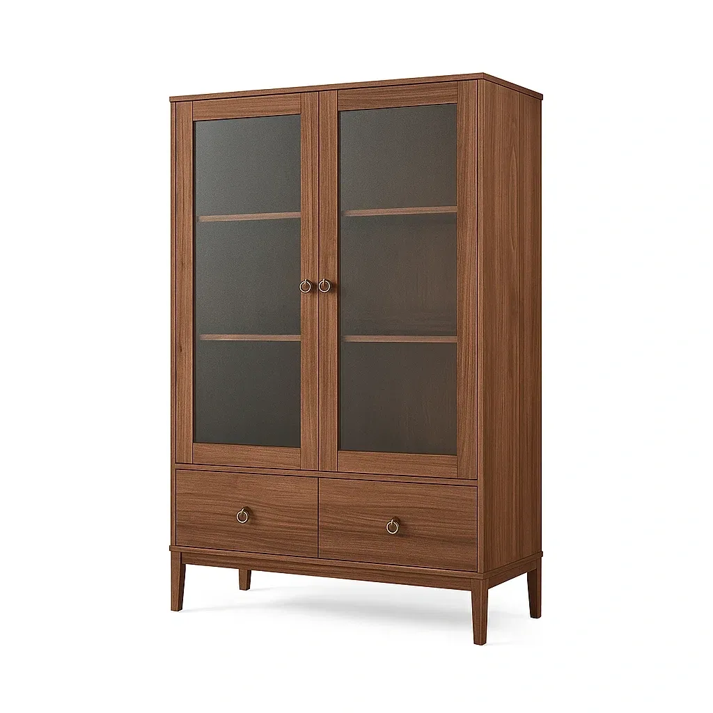 Vitrine d'exposition en bois et verre noyer avec 2 portes et 2 tiroirs