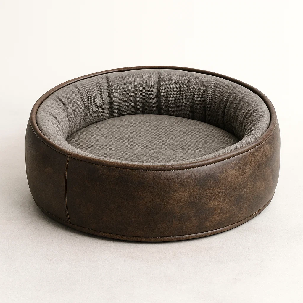 Lit pour chien rond en cuir synthétique et polyester brun gris
