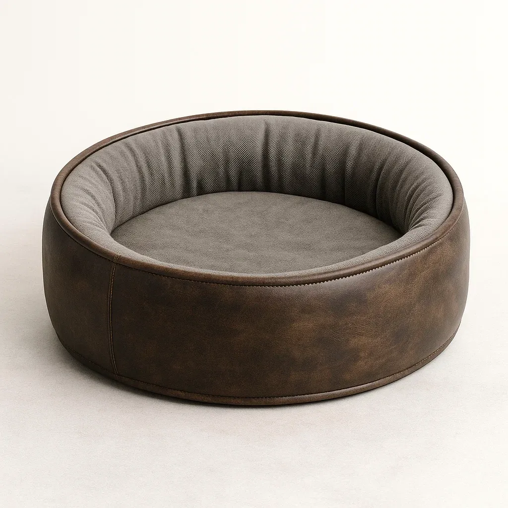 Lit pour chien rond en cuir synthétique et polyester brun gris