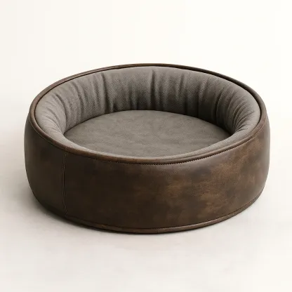 Lit pour chien rond en cuir synthétique et polyester brun gris