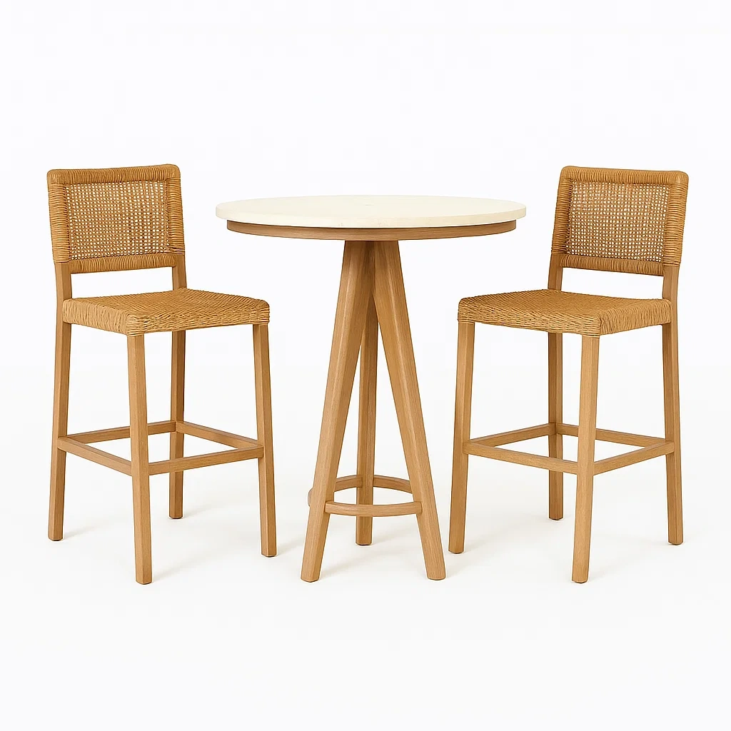 Ensemble de bar Table en bois et tabourets en rotin