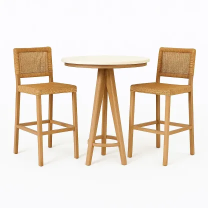 Ensemble de bar Table en bois et tabourets en rotin