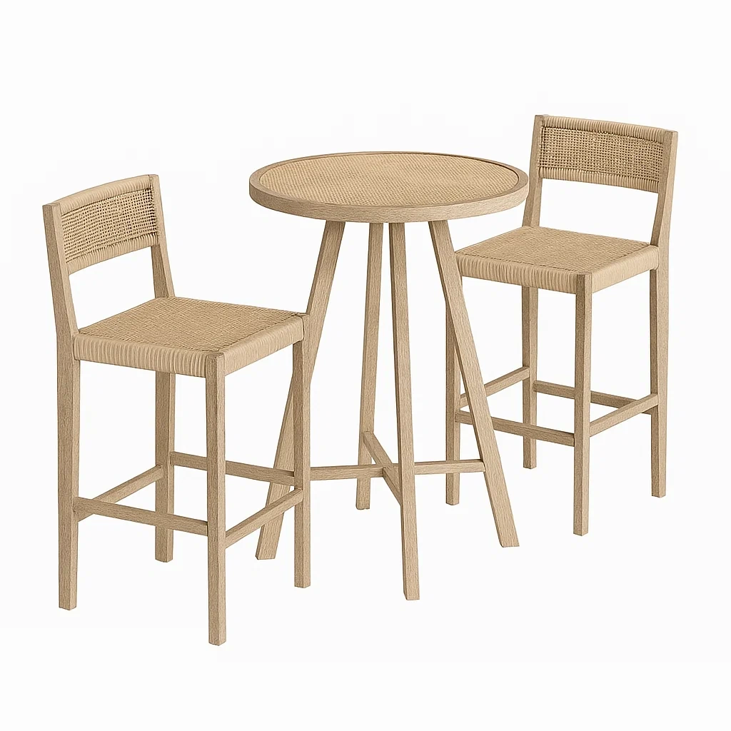 Ensemble de bar Table bistrot ronde en bois et chaises de bar en paille beige