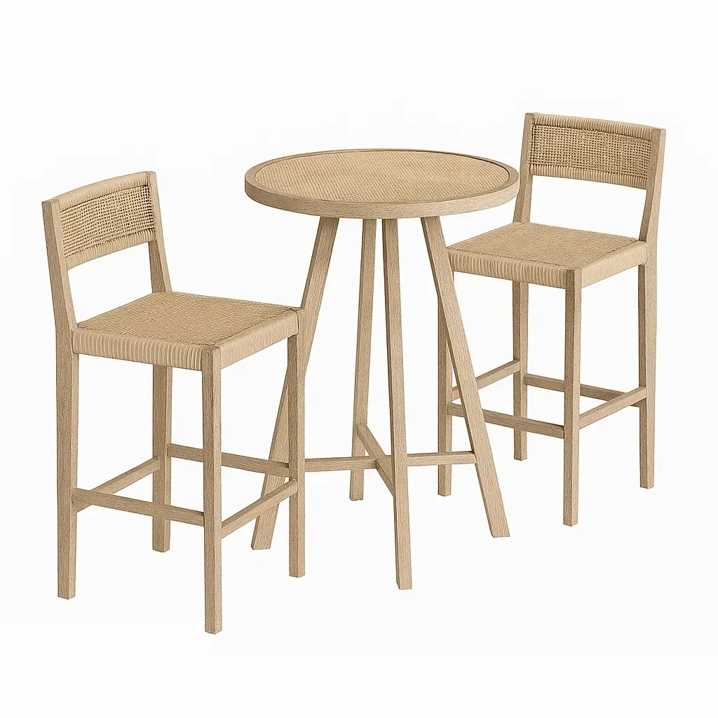 Ensemble de bar Table bistrot ronde en bois et chaises de bar en paille beige