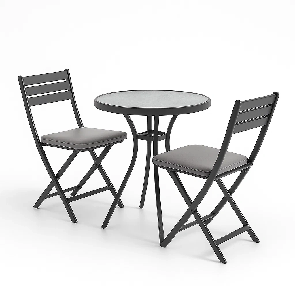 Petit ensemble bistrot de terrasse avec table pliante et chaises extérieures en métal et verre trempé noir