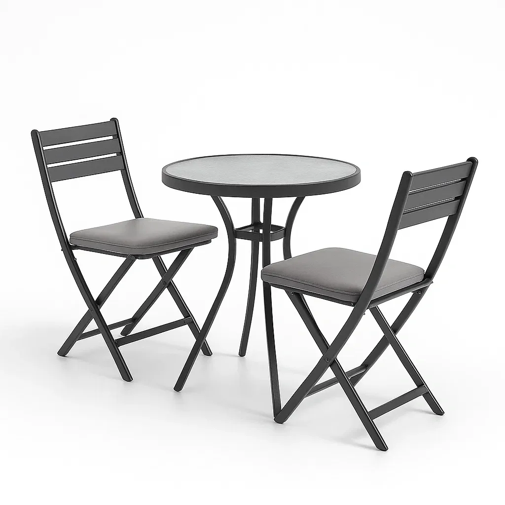 Petit ensemble bistrot de terrasse avec table pliante et chaises extérieures en métal et verre trempé noir