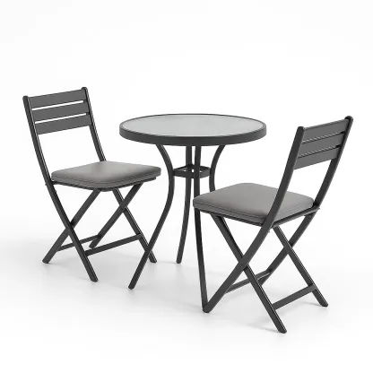 Petit ensemble bistrot de terrasse avec table pliante et chaises extérieures en métal et verre trempé noir