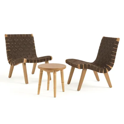 Petit ensemble bistrot de terrasse en bois et tissu tissé avec chaises et table