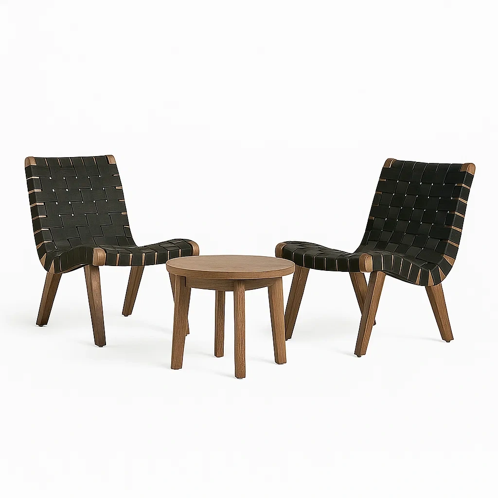 Petit ensemble bistrot de terrasse en bois avec chaises et table basse à sangles tissées noires
