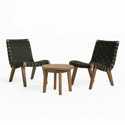 Petit ensemble bistrot de terrasse en bois avec chaises et table basse à sangles tissées noires