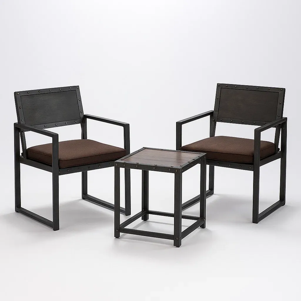 Petit ensemble bistrot de terrasse avec 2 fauteuils et table carrée en métal et bois marron