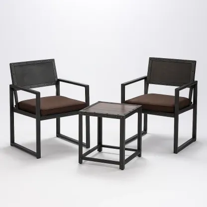 Petit ensemble bistrot de terrasse avec 2 fauteuils et table carrée en métal et bois marron