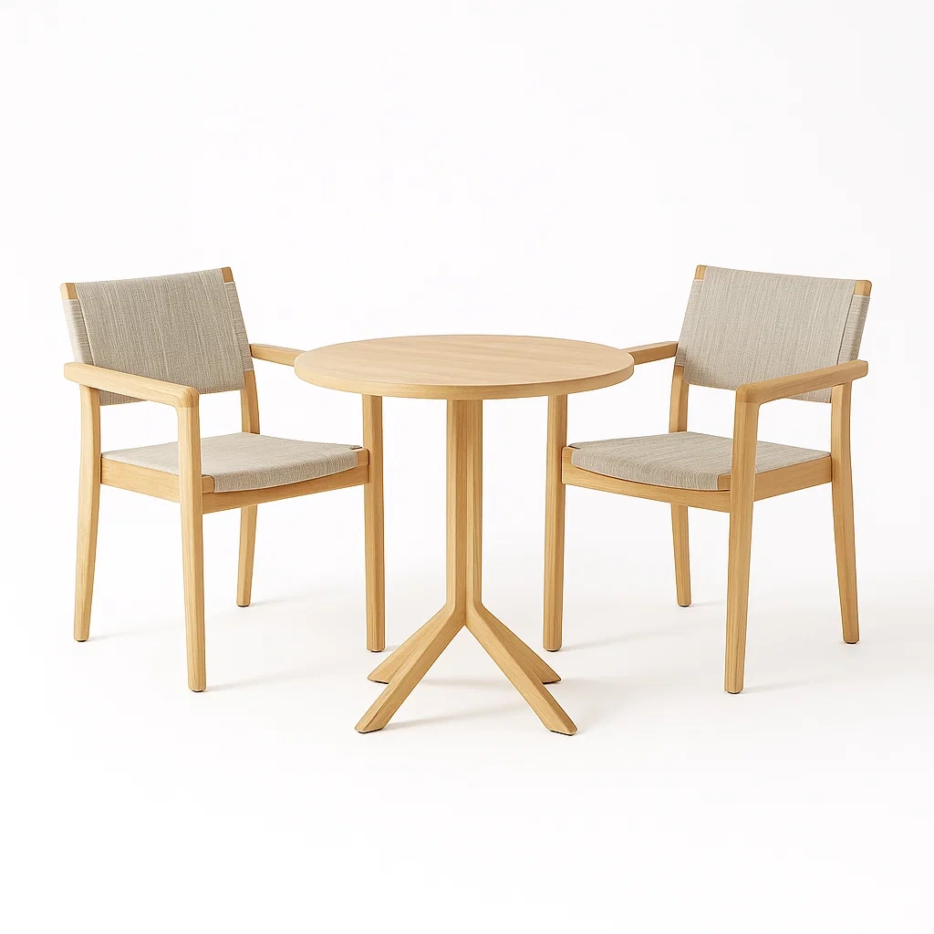 Petit ensemble bistrot de terrasse avec table ronde en bois massif et deux chaises en polyester
