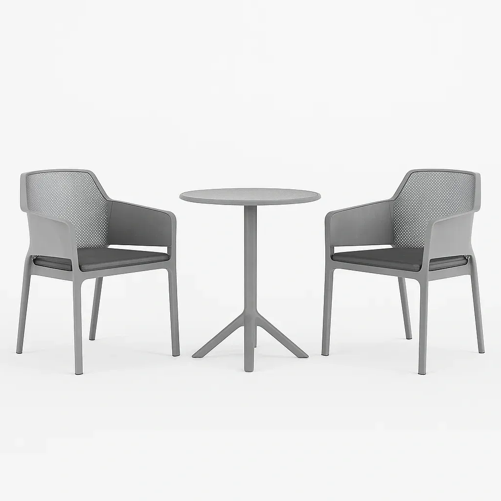 Petit ensemble bistrot de terrasse gris en polypropylène avec table ronde et chaises