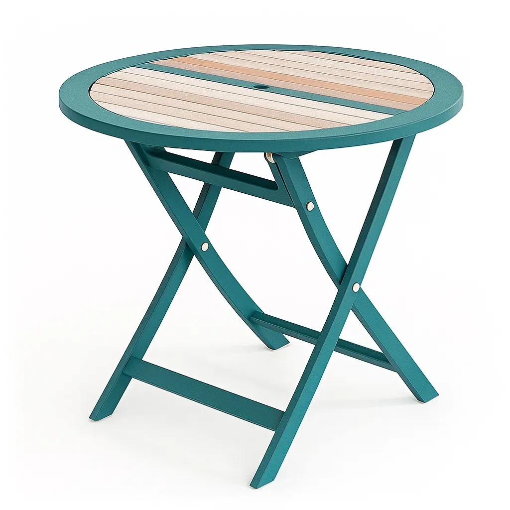 Table de terrasse pliante ronde en métal et bois teal