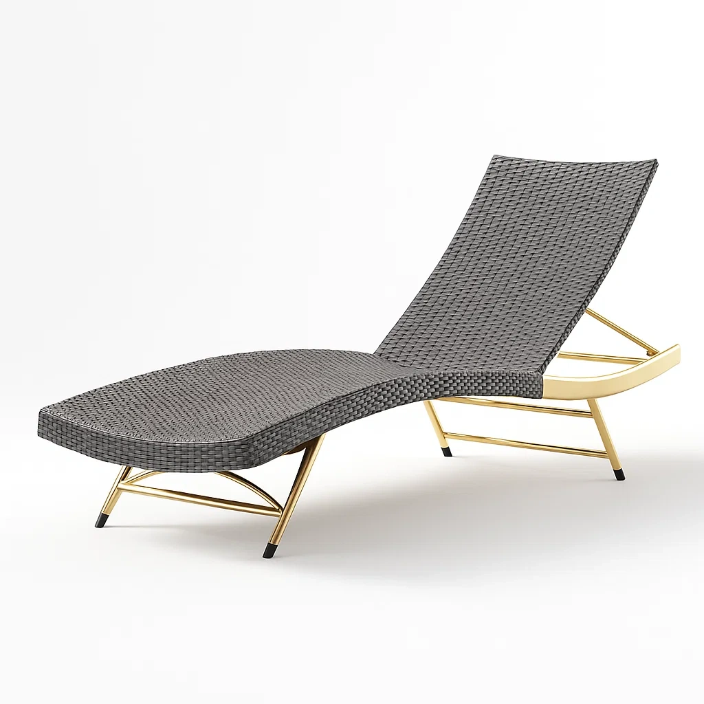 Chaise longue de jardin en résine tressée gris avec structure en métal doré