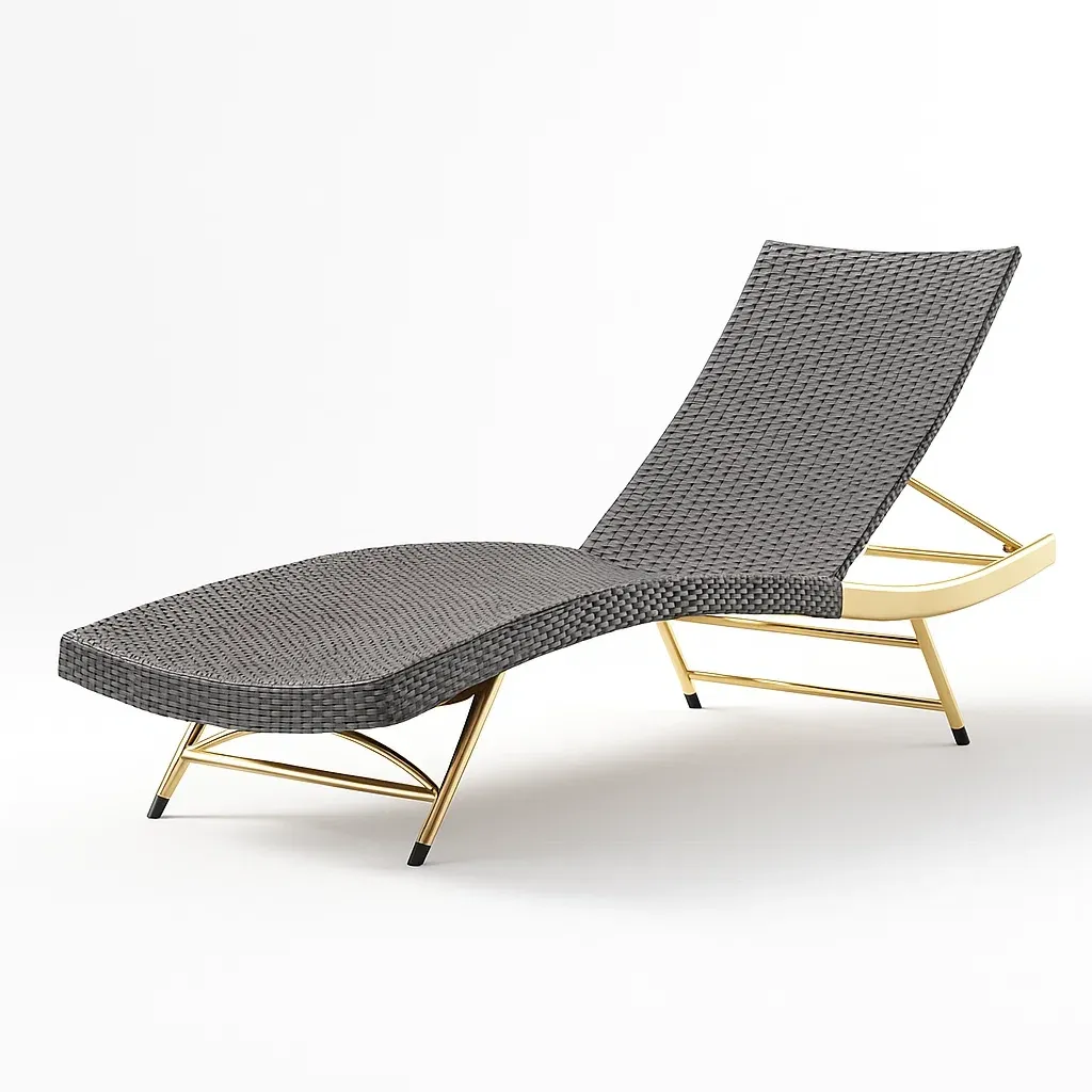 Chaise longue de jardin en résine tressée gris avec structure en métal doré