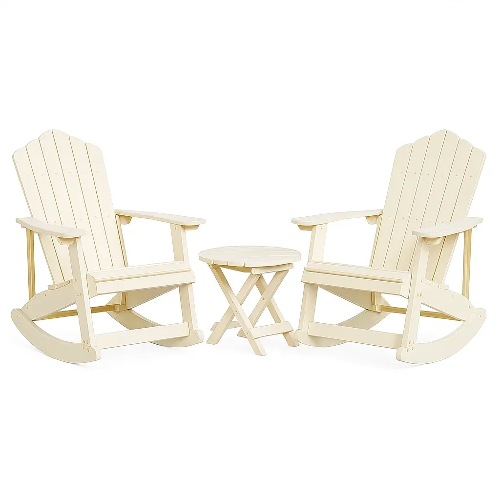 Ensemble de chaises Adirondack en bois composite avec chaises berçantes et table beige