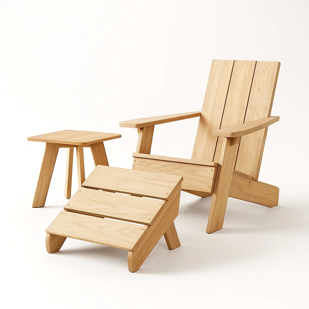 Ensemble de chaises Adirondack en bois comprenant chaise longue repose-pieds et table basse