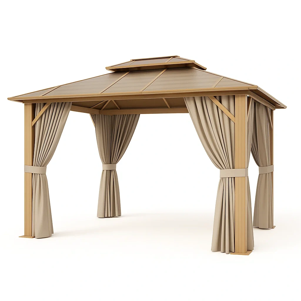 Pavillon de jardin en aluminium avec toit en polycarbonate et rideaux en polyester beige