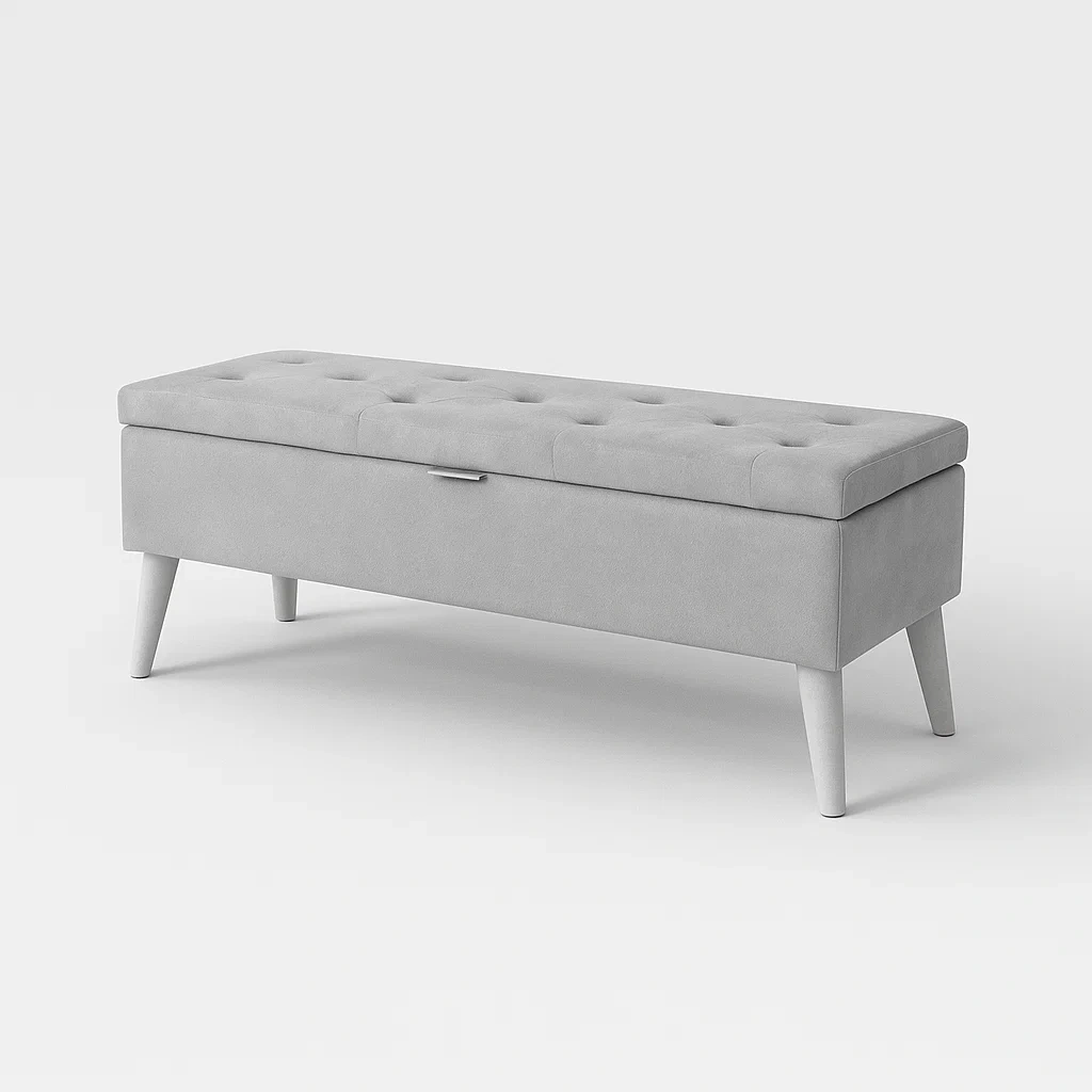 Banc de rangement en bois et tissu gris